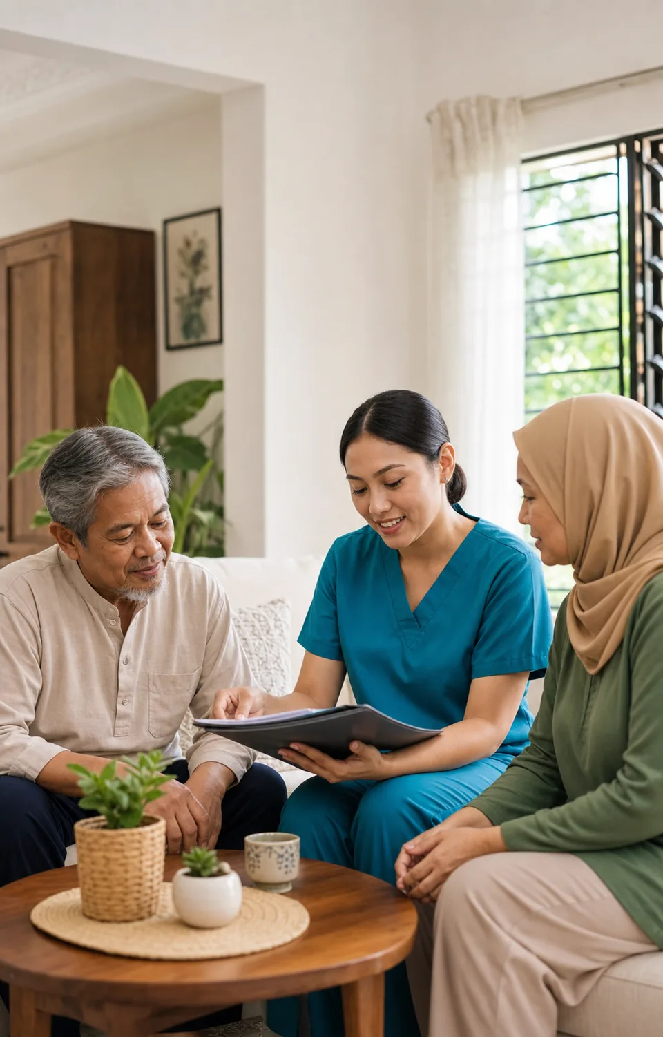 A nurse discussing a care plan with a family in a Malaysian home