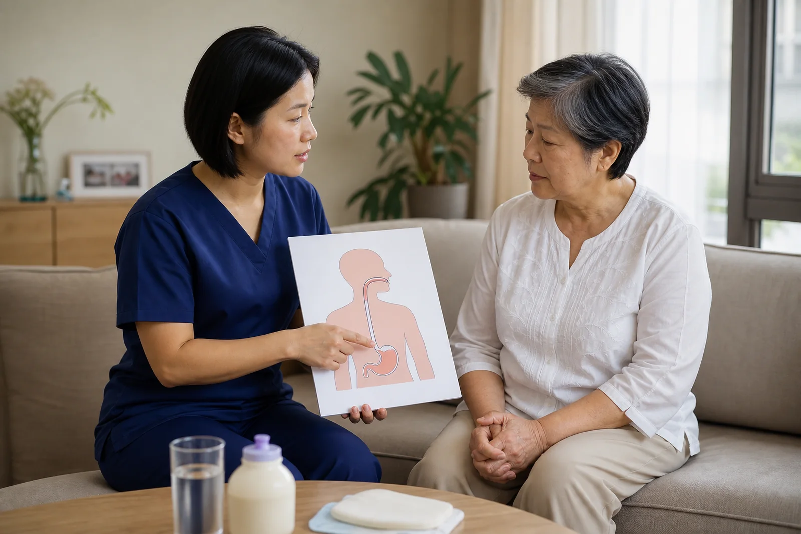 nurse explaining feeding-tube support