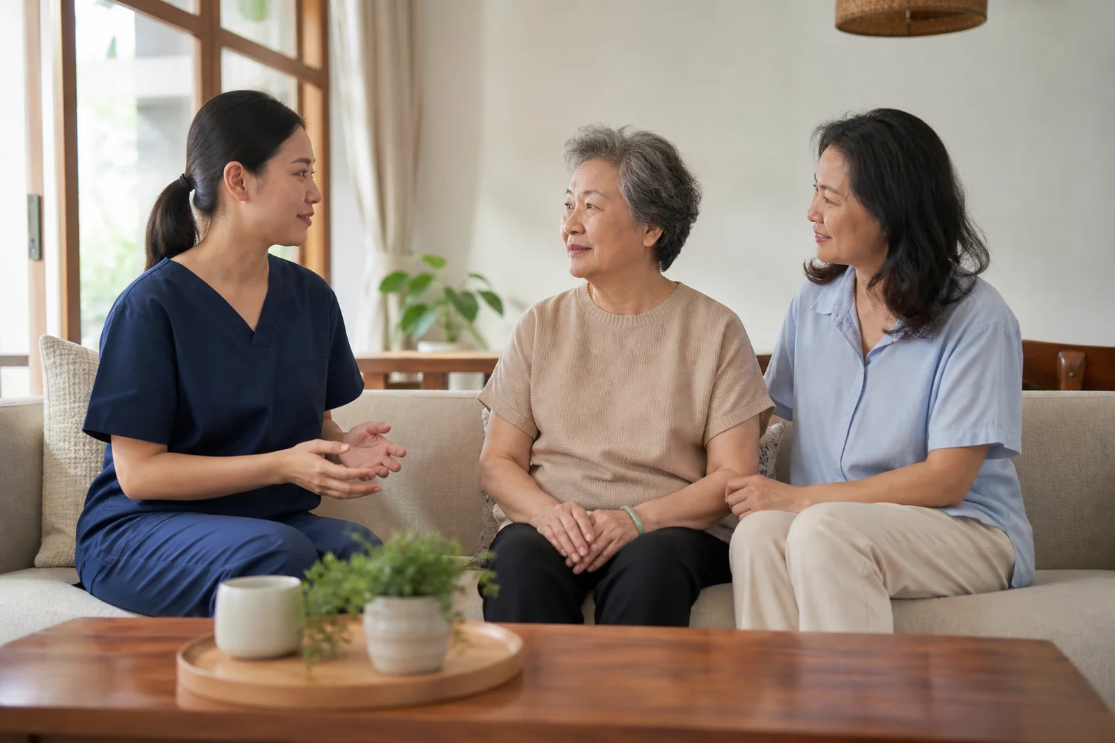 home nurse speaking with an older patient and family member