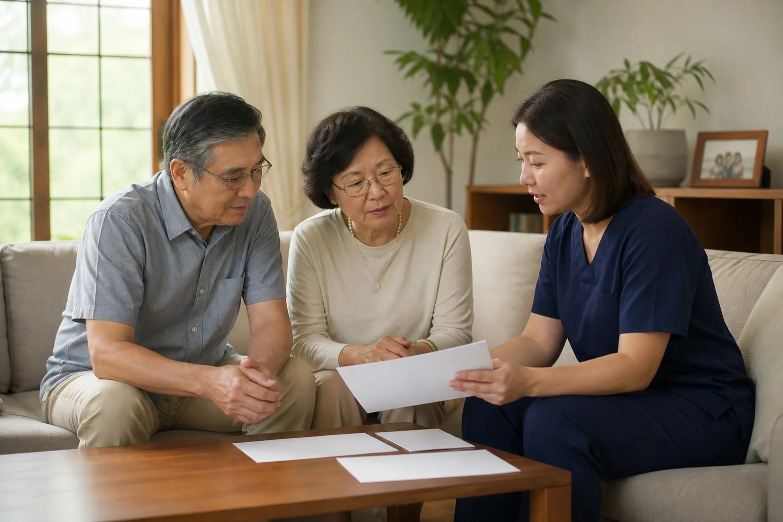 family and nurse discussing home nursing arrangements in Malaysia
