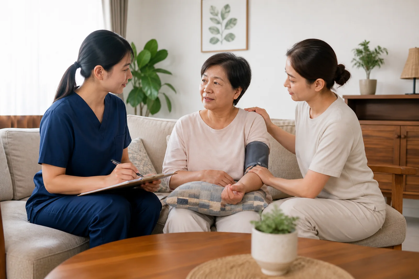nurse and caregiver supporting an older patient together