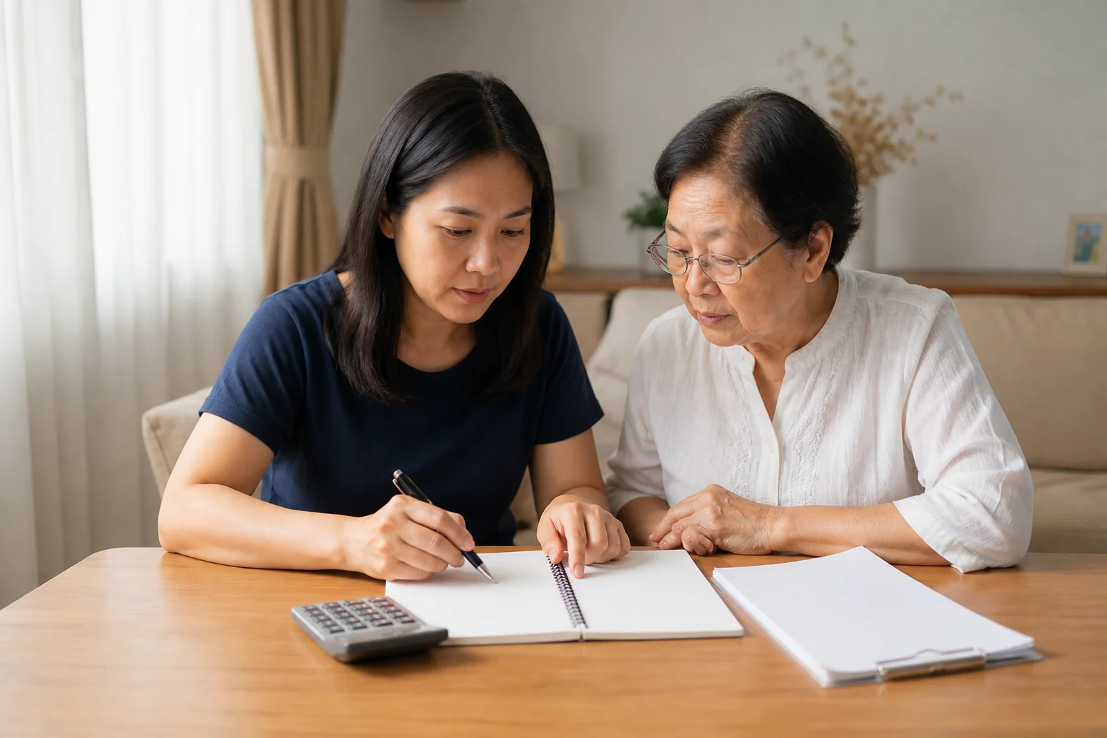 family reviewing home-nursing planning notes and a calculator