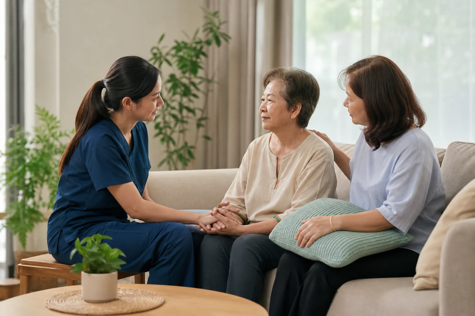 nurse providing calm comfort-focused support