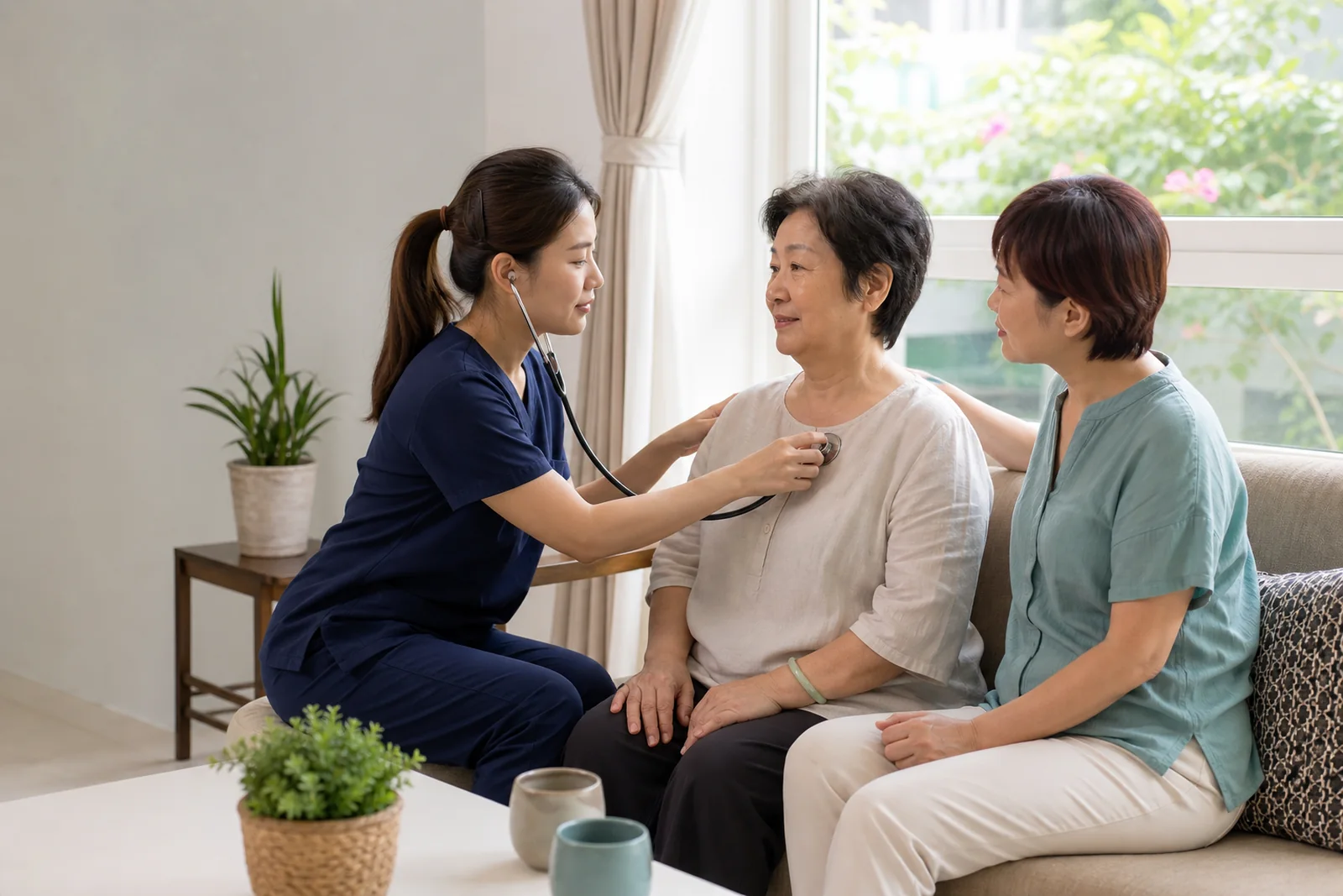 nurse checking on an older patient recovering at home