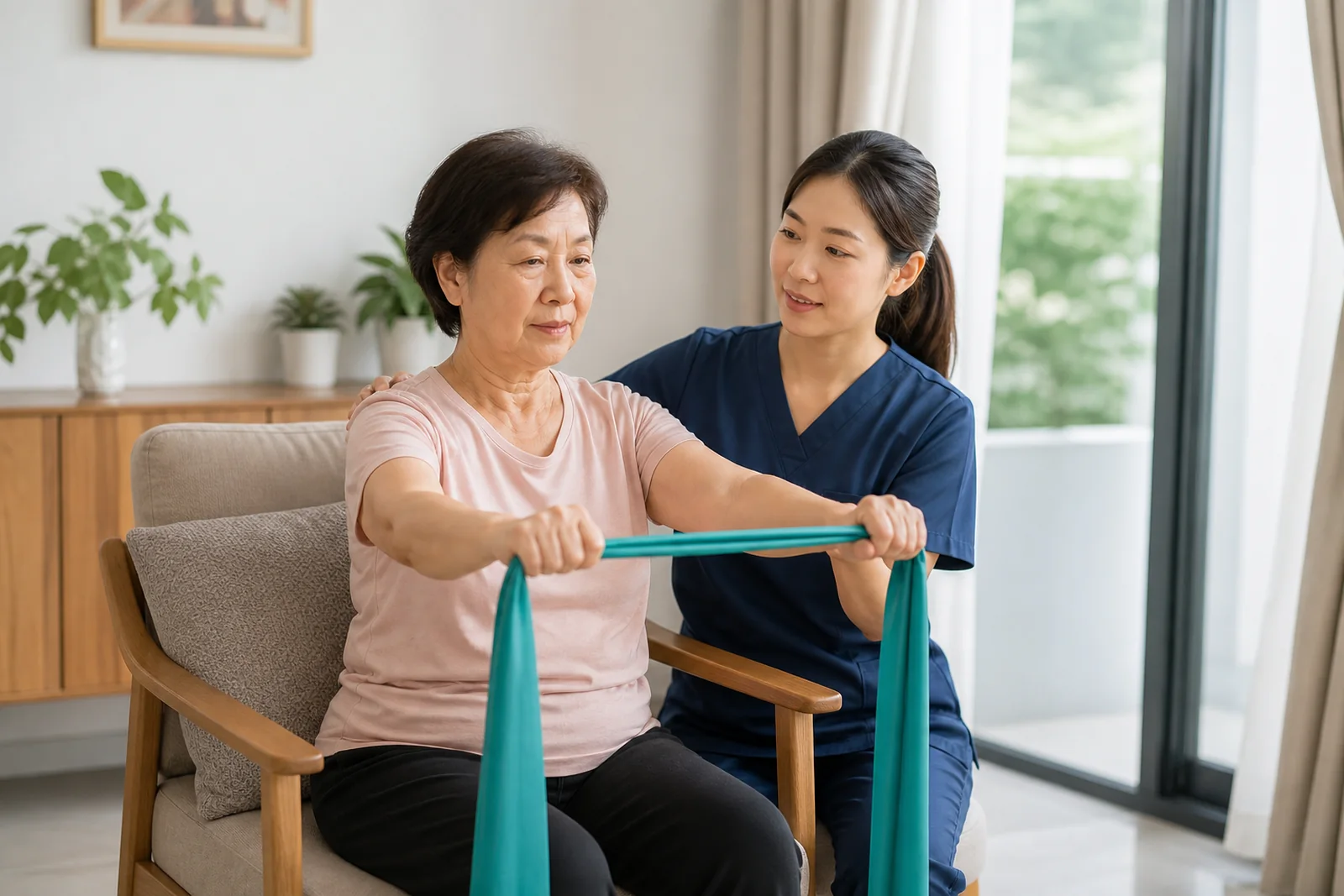 nurse supporting a resistance-band exercise at home
