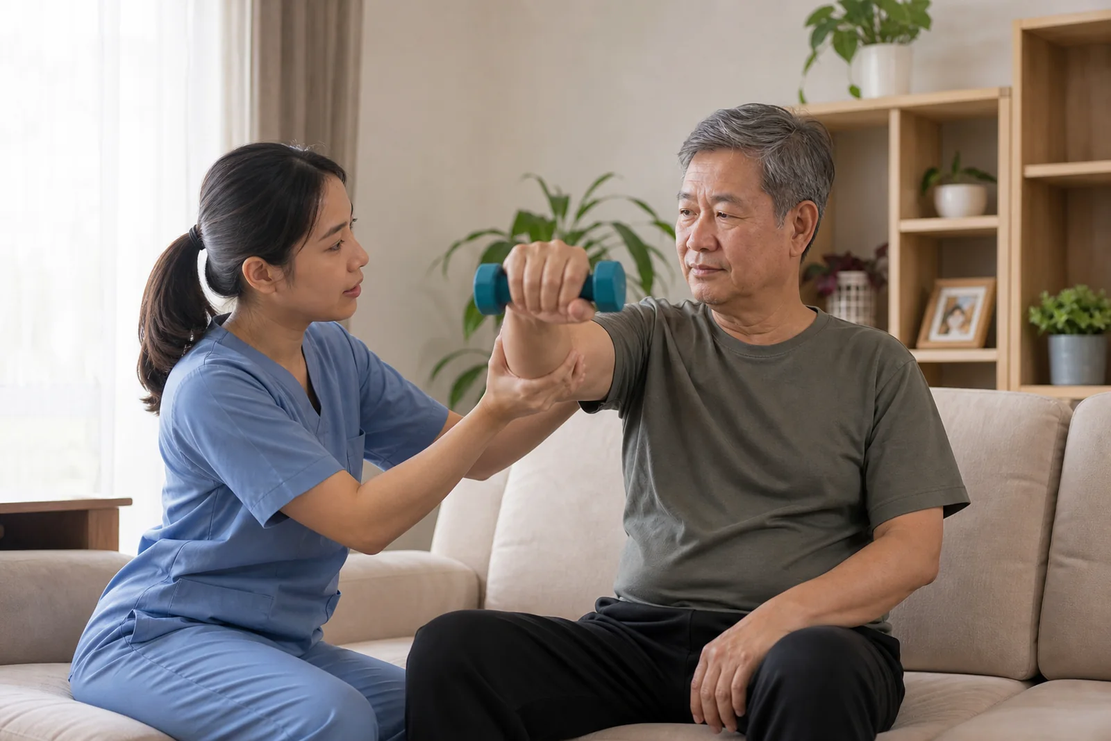 nurse supporting a seated stroke-recovery exercise