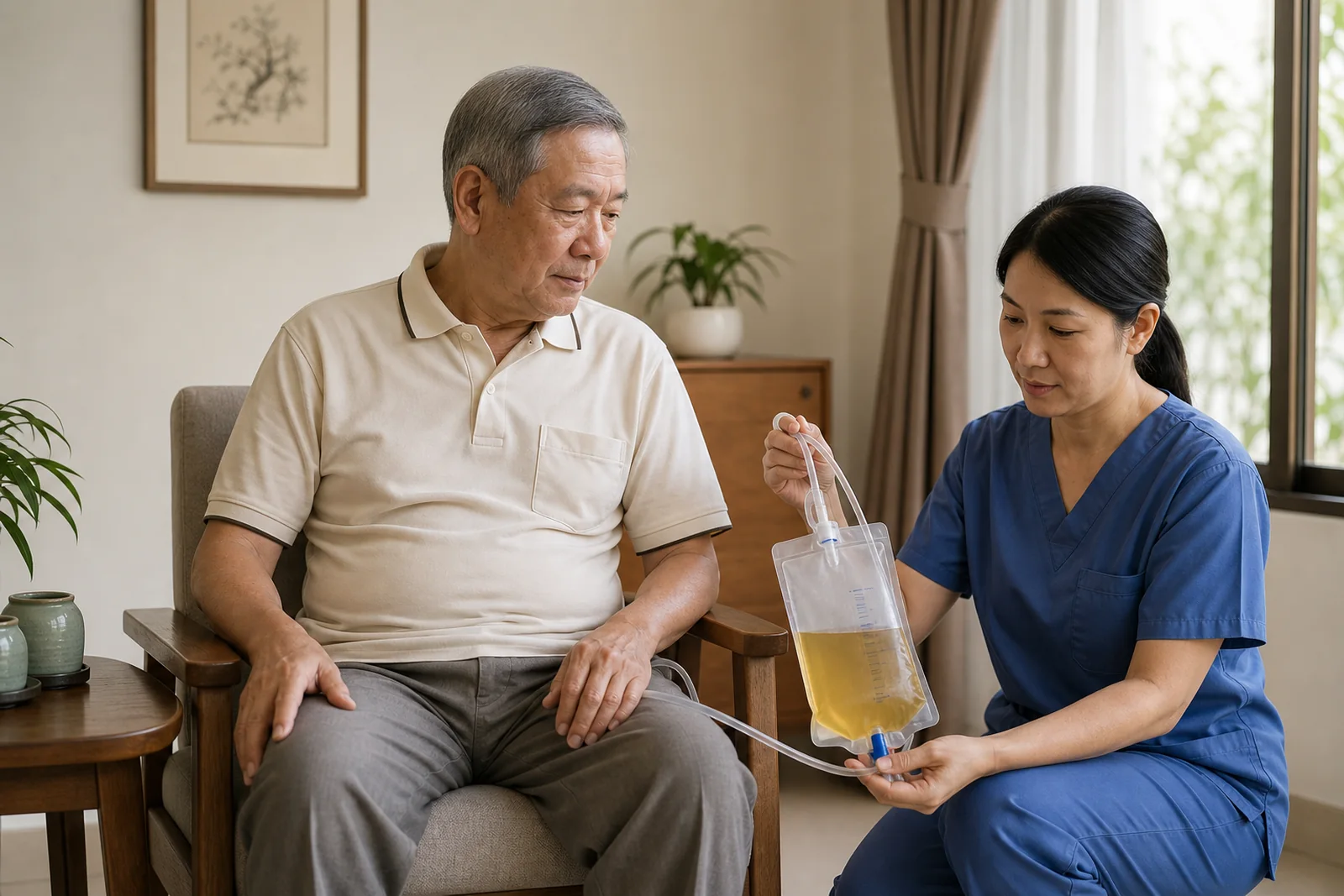 nurse reviewing urinary catheter support discreetly
