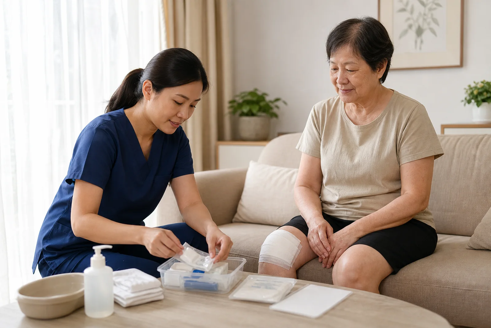 nurse preparing clean wound-dressing supplies