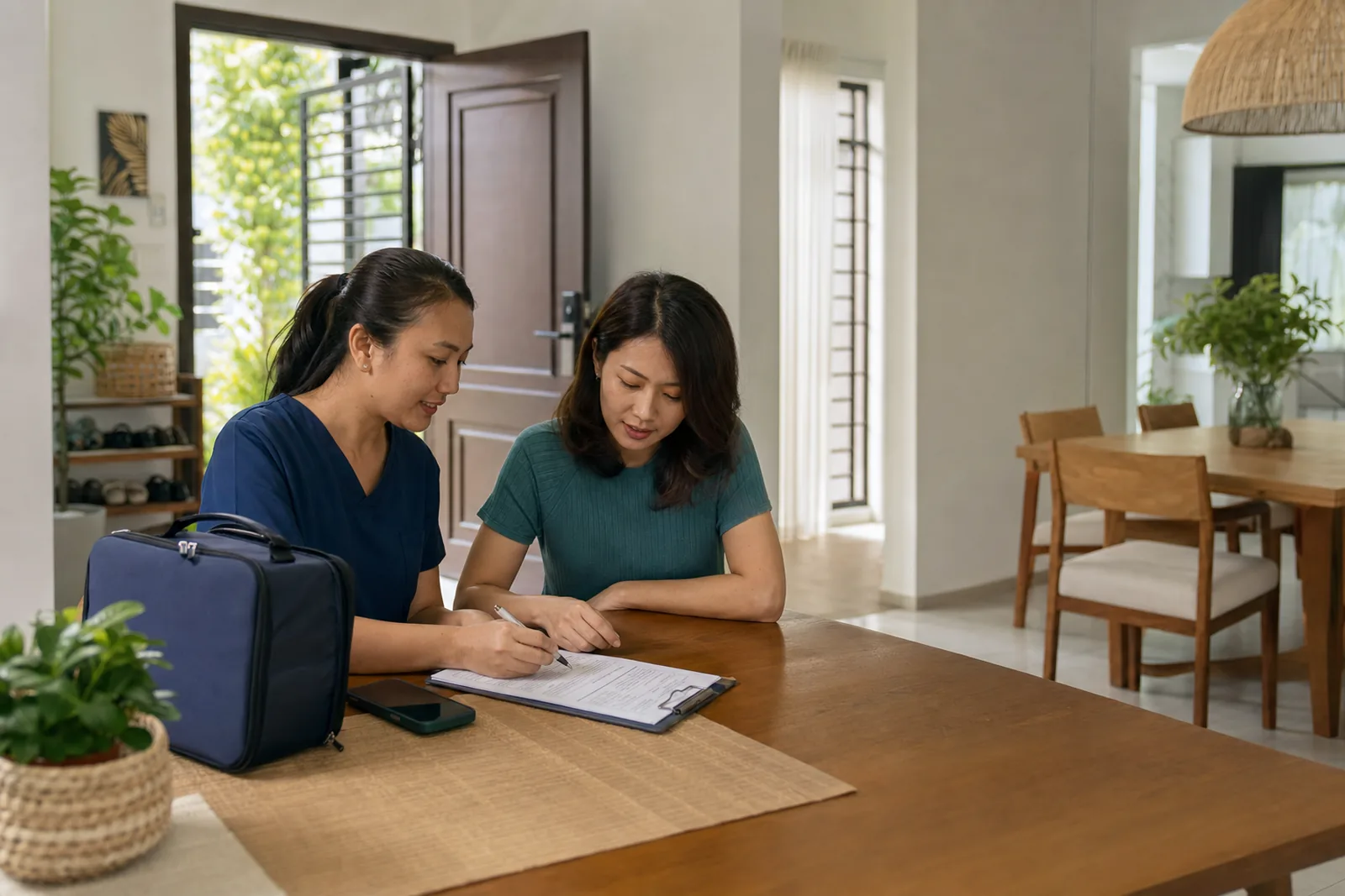 A home nurse and family member review a care plan in a Malaysian home