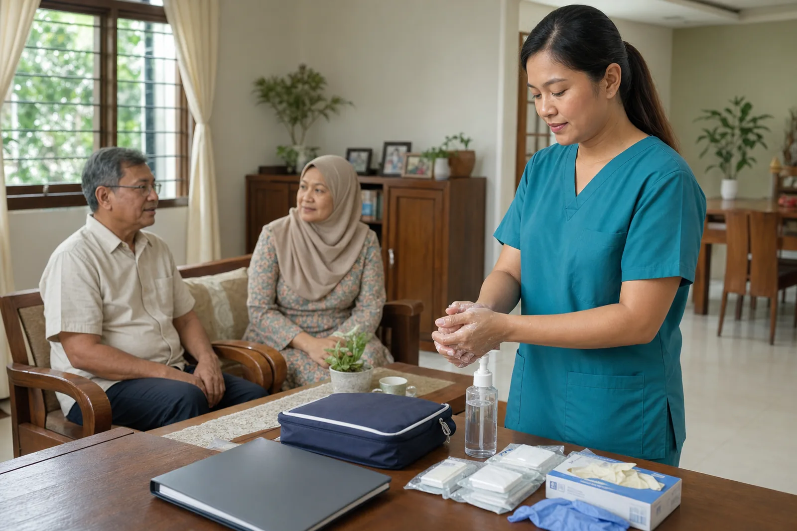 A home nurse prepares carefully for an assessed clinical visit with a Malaysian family